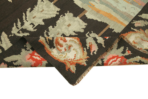 Moldovian Floral Black Floral Cotton Wool Goat Hair Handmade Rug 5'8'' x 8'5''