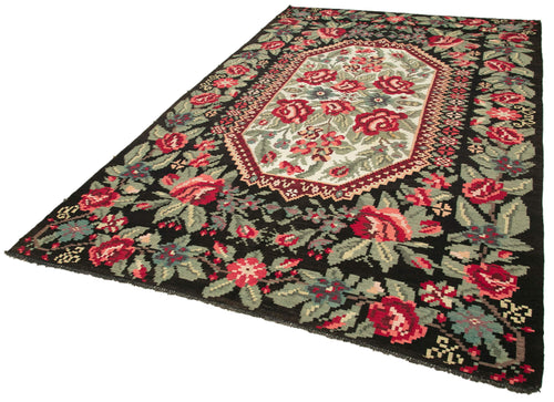 Moldovian Floral Black Floral Cotton Wool Goat Hair Handmade Rug 6'7'' x 11'1''