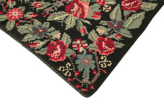 Moldovian Floral Black Floral Cotton Wool Goat Hair Handmade Rug 6'7'' x 11'1''