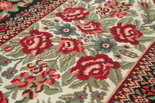Moldovian Floral Black Floral Cotton Wool Goat Hair Handmade Rug 6'7'' x 11'1''