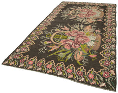 Moldovian Floral Black Floral Cotton Wool Goat Hair Handmade Rug 5'7'' x 10'1''