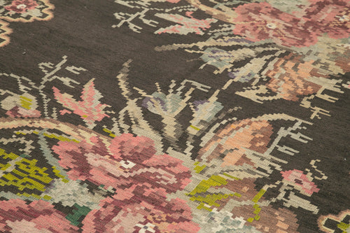 Moldovian Floral Black Floral Cotton Wool Goat Hair Handmade Rug 5'7'' x 10'1''