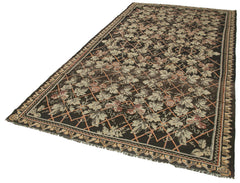 Moldovian Floral Black Floral Cotton Goat Hair Wool Handmade Area Rug 5'10'' x 11'9''