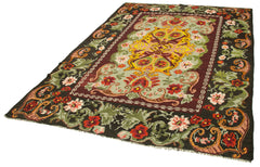 Moldovian Floral Black Floral Cotton Wool Goat Hair Handmade Rug 6'5'' x 9'3''