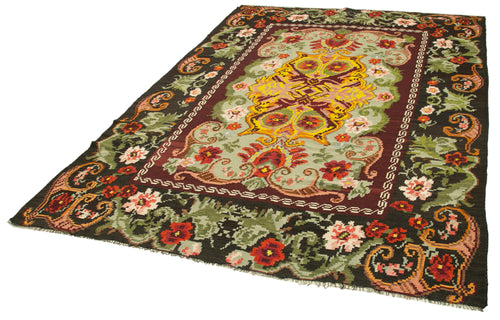 Moldovian Floral Black Floral Cotton Wool Goat Hair Handmade Rug 6'5'' x 9'3''