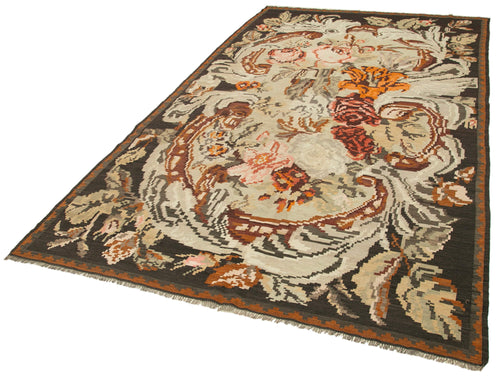 Moldovian Floral Black Floral Cotton Wool Goat Hair Handmade Rug 5'10'' x 10'5''