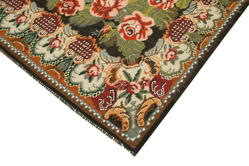 Moldovian Floral Black Floral Cotton Wool Goat Hair Handmade Rug 6'4'' x 11'2''