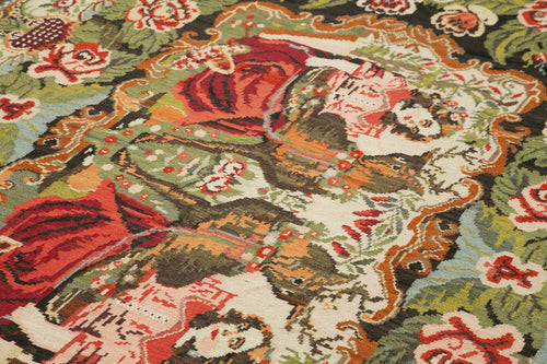 Moldovian Floral Black Floral Cotton Wool Goat Hair Handmade Rug 6'4'' x 11'2''