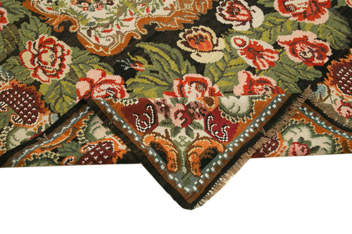 Moldovian Floral Black Floral Cotton Wool Goat Hair Handmade Rug 6'4'' x 11'2''