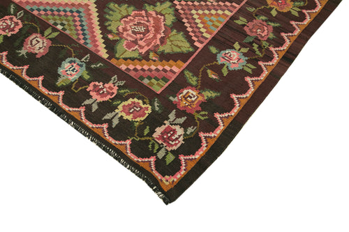 Moldovian Floral Black Floral Cotton Wool Goat Hair Handmade Rug 6'4'' x 9'6''