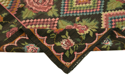 Moldovian Floral Black Floral Cotton Wool Goat Hair Handmade Rug 6'4'' x 9'6''