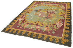 Moldovian Floral Black Floral Cotton Wool Goat Hair Handmade Rug 6'3'' x 8'6''