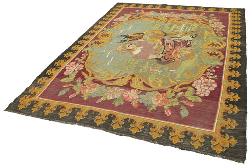 Moldovian Floral Black Floral Cotton Wool Goat Hair Handmade Rug 6'3'' x 8'6''