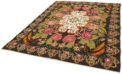 Moldovian Floral Black Floral Cotton Wool Goat Hair Handmade Rug 6'9'' x 8'6''