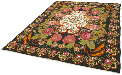 Moldovian Floral Black Floral Cotton Wool Goat Hair Handmade Rug 6'9'' x 8'6''