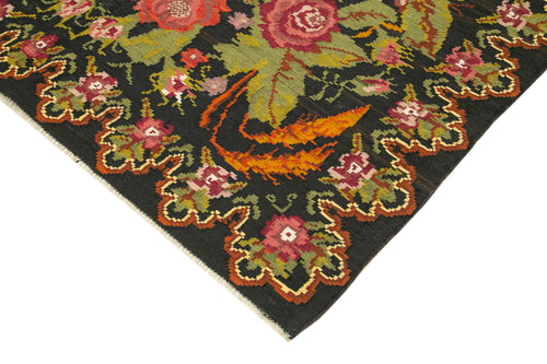 Moldovian Floral Black Floral Cotton Wool Goat Hair Handmade Rug 6'9'' x 8'6''