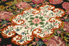 Moldovian Floral Black Floral Cotton Wool Goat Hair Handmade Rug 6'9'' x 8'6''