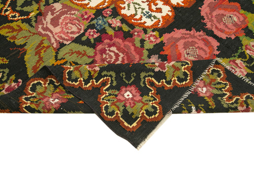 Moldovian Floral Black Floral Cotton Wool Goat Hair Handmade Rug 6'9'' x 8'6''