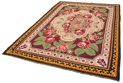 Moldovian Floral Black Floral Cotton Wool Goat Hair Handmade Rug 6'4'' x 8'10''