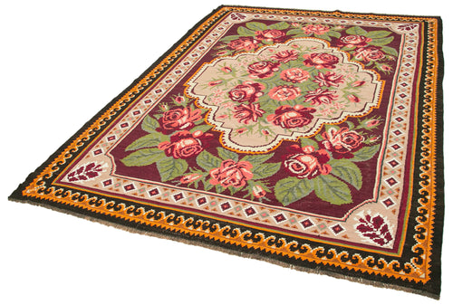 Moldovian Floral Black Floral Cotton Wool Goat Hair Handmade Rug 6'4'' x 8'10''