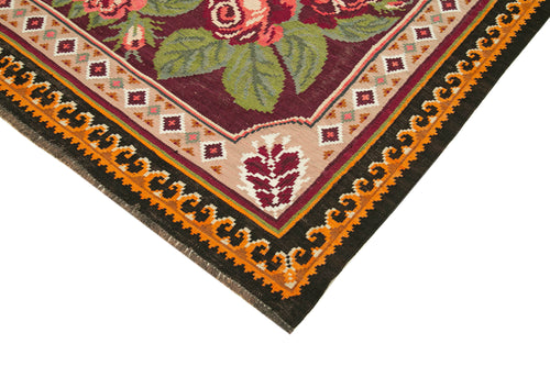 Moldovian Floral Black Floral Cotton Wool Goat Hair Handmade Rug 6'4'' x 8'10''