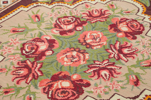 Moldovian Floral Black Floral Cotton Wool Goat Hair Handmade Rug 6'4'' x 8'10''