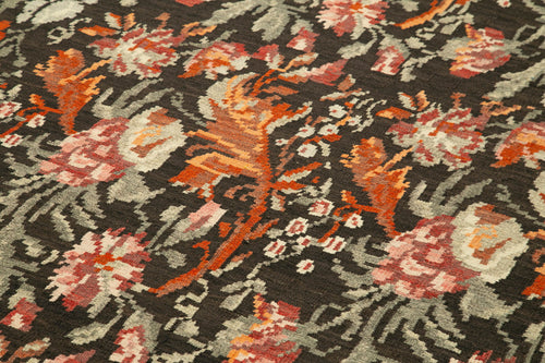 Moldovian Floral Black Floral Cotton Goat Hair Wool Handmade Area Rug 5'3'' x 10'5''