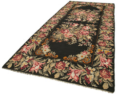 Moldovian Floral Black Floral Cotton Goat Hair Wool Handmade Area Rug 5'5'' x 13'0''