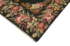 Moldovian Floral Black Floral Cotton Goat Hair Wool Handmade Area Rug 5'5'' x 13'0''