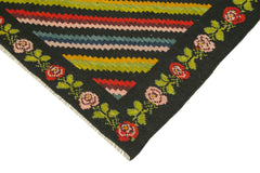 Moldovian Floral Black Floral Cotton Wool Goat Hair Handmade Rug 5'8'' x 10'2''