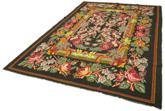 Moldovian Floral Black Floral Cotton Wool Goat Hair Handmade Rug 7'2'' x 11'1''