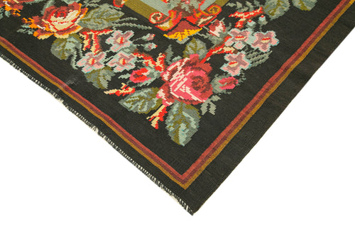 Moldovian Floral Black Floral Cotton Wool Goat Hair Handmade Rug 7'2'' x 11'1''