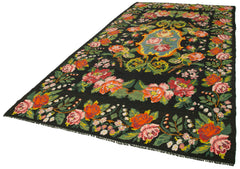 Moldovian Floral Black Floral Cotton Goat Hair Wool Handmade Area Rug 6'7'' x 13'3''
