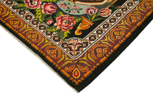 Moldovian Floral Black Floral Cotton Wool Goat Hair Handmade Rug 7'4'' x 11'10''
