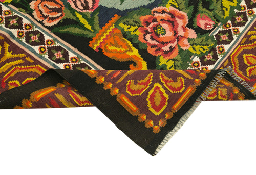 Moldovian Floral Black Floral Cotton Wool Goat Hair Handmade Rug 7'4'' x 11'10''