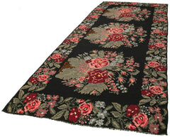 Moldovian Floral Black Floral Cotton Goat Hair Wool Handmade Area Rug 5'3'' x 14'3''