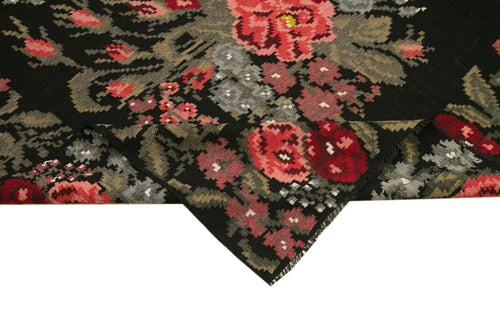 Moldovian Floral Black Floral Cotton Goat Hair Wool Handmade Area Rug 5'3'' x 14'3''