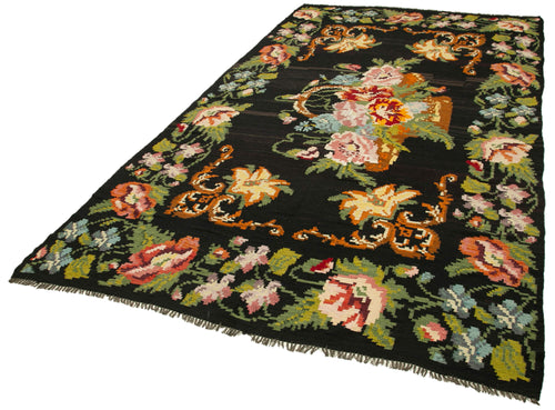 Moldovian Floral Black Floral Cotton Wool Goat Hair Handmade Rug 6'1'' x 11'8''