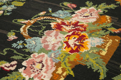 Moldovian Floral Black Floral Cotton Wool Goat Hair Handmade Rug 6'1'' x 11'8''