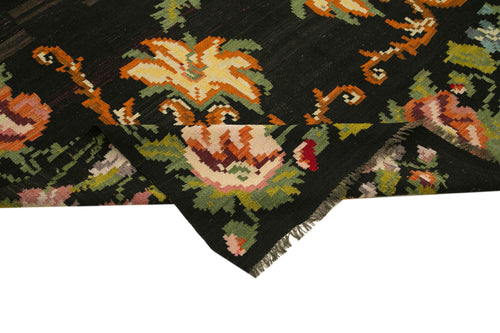 Moldovian Floral Black Floral Cotton Wool Goat Hair Handmade Rug 6'1'' x 11'8''