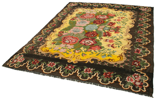 Moldovian Floral Brown Floral Cotton Wool Goat Hair Handmade Rug 6'7'' x 8'1''