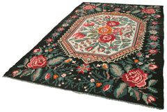 Moldovian Floral Black Floral Cotton Wool Goat Hair Handmade Rug 6'2'' x 9'1''