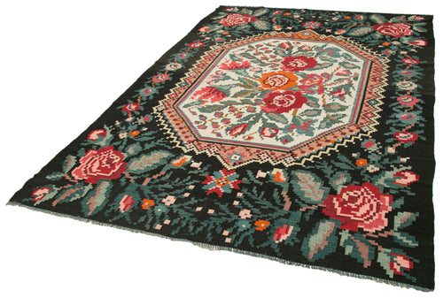 Moldovian Floral Black Floral Cotton Wool Goat Hair Handmade Rug 6'2'' x 9'1''