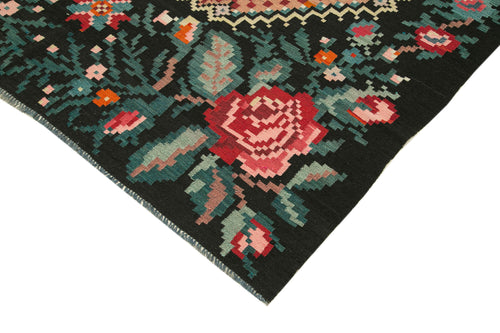 Moldovian Floral Black Floral Cotton Wool Goat Hair Handmade Rug 6'2'' x 9'1''