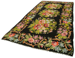Moldovian Floral Black Floral Cotton Goat Hair Wool Handmade Area Rug 6'4'' x 13'3''