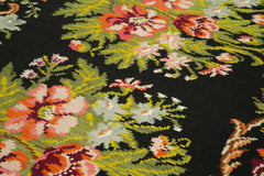 Moldovian Floral Black Floral Cotton Goat Hair Wool Handmade Area Rug 6'4'' x 13'3''