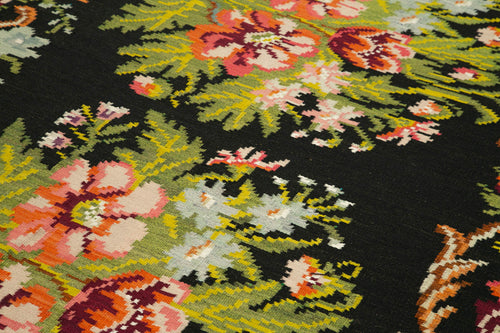 Moldovian Floral Black Floral Cotton Goat Hair Wool Handmade Area Rug 6'4'' x 13'3''