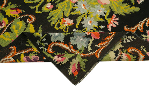 Moldovian Floral Black Floral Cotton Goat Hair Wool Handmade Area Rug 6'4'' x 13'3''