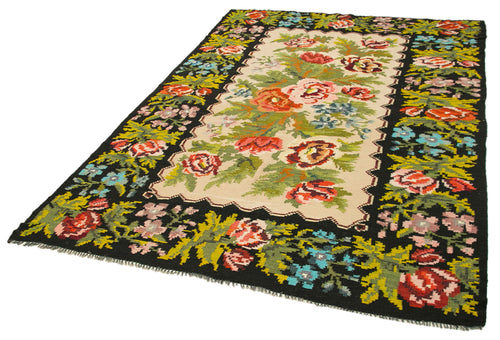 Moldovian Floral Black Floral Cotton Wool Goat Hair Handmade Rug 5'11'' x 8'6''