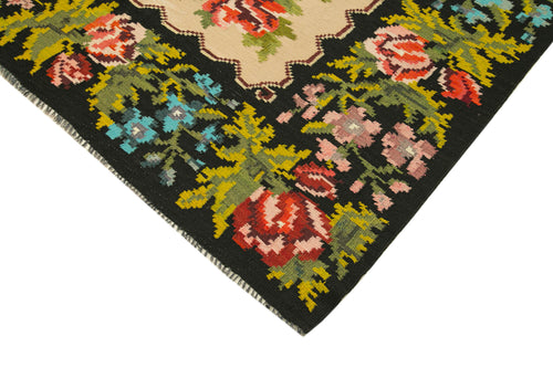 Moldovian Floral Black Floral Cotton Wool Goat Hair Handmade Rug 5'11'' x 8'6''